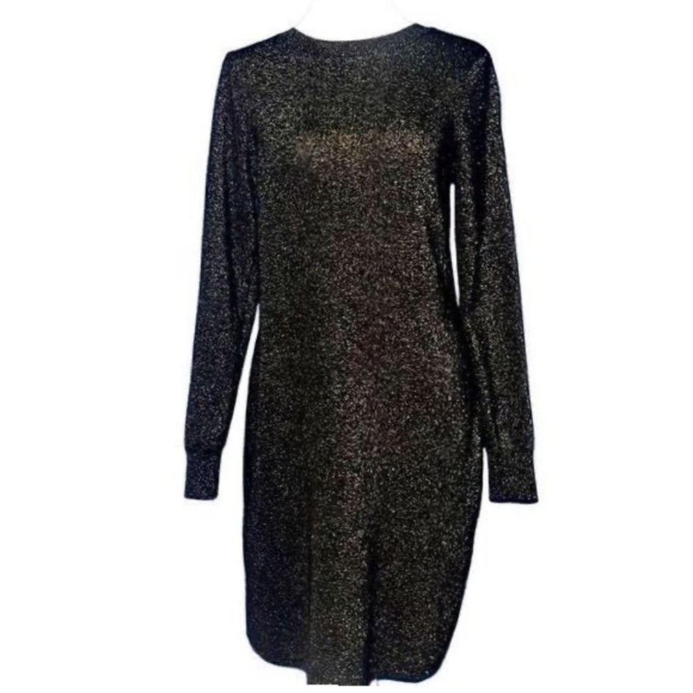 LOFT Womens Medium Black Gold Metallic Shimmer Long Sleeve Knit Sweater Dress